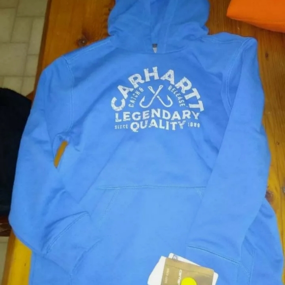 Nwt carhartt boy hoodie sz 8/10 blue fishing hooks legendary quality - Picture 1 of 1